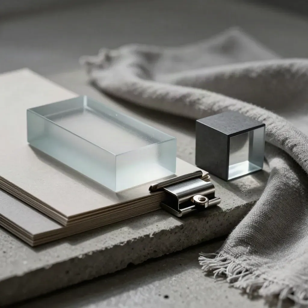 Blocco di vetro satinato, morsetto in alluminio e cubo grafite su pietra, stile studio creativo