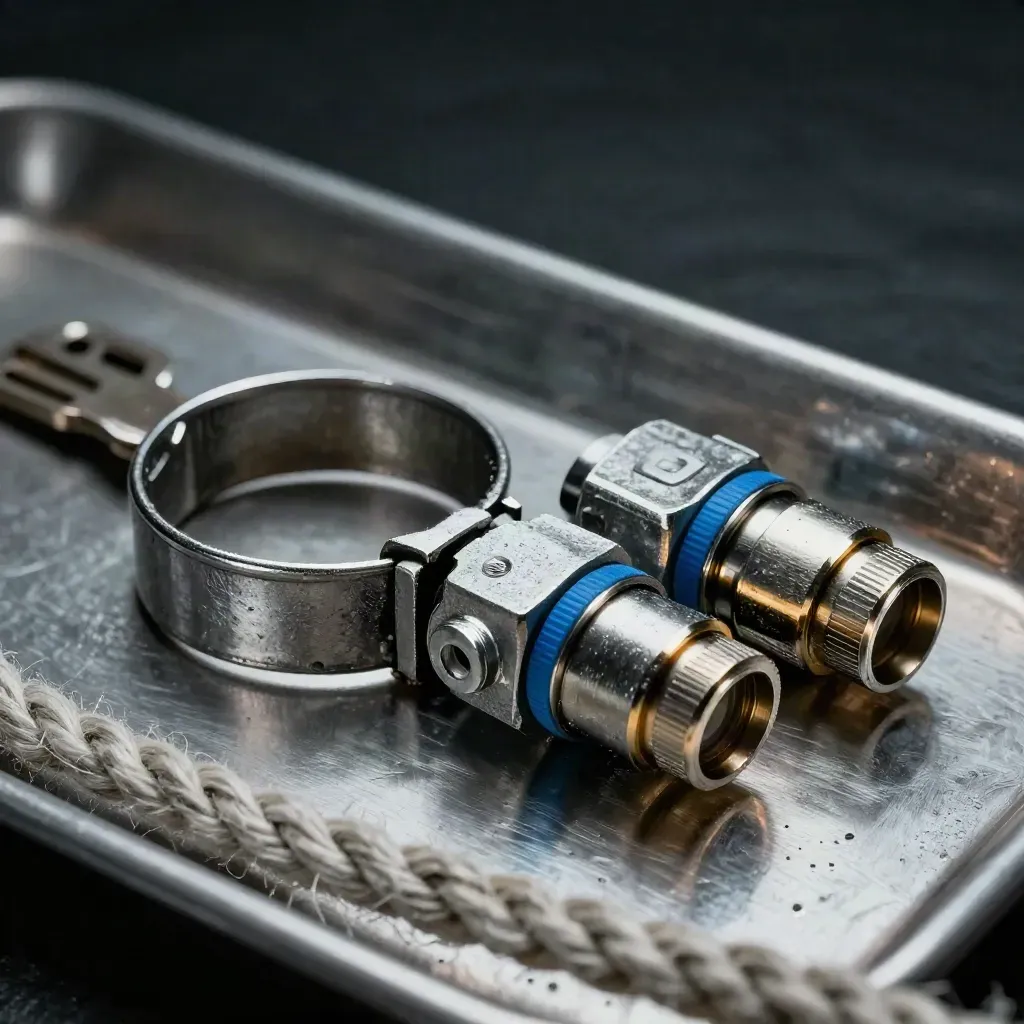 Dettaglio macro di componenti nautici metallici su vassoio, con fune intrecciata e luce radente.