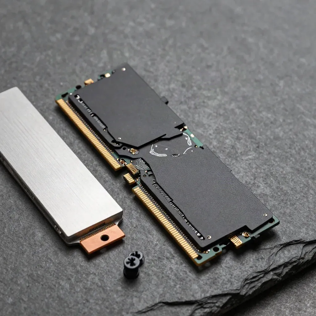 Due moduli RAM, dissipatore NVMe e pad termico in una composizione tecnica macro.