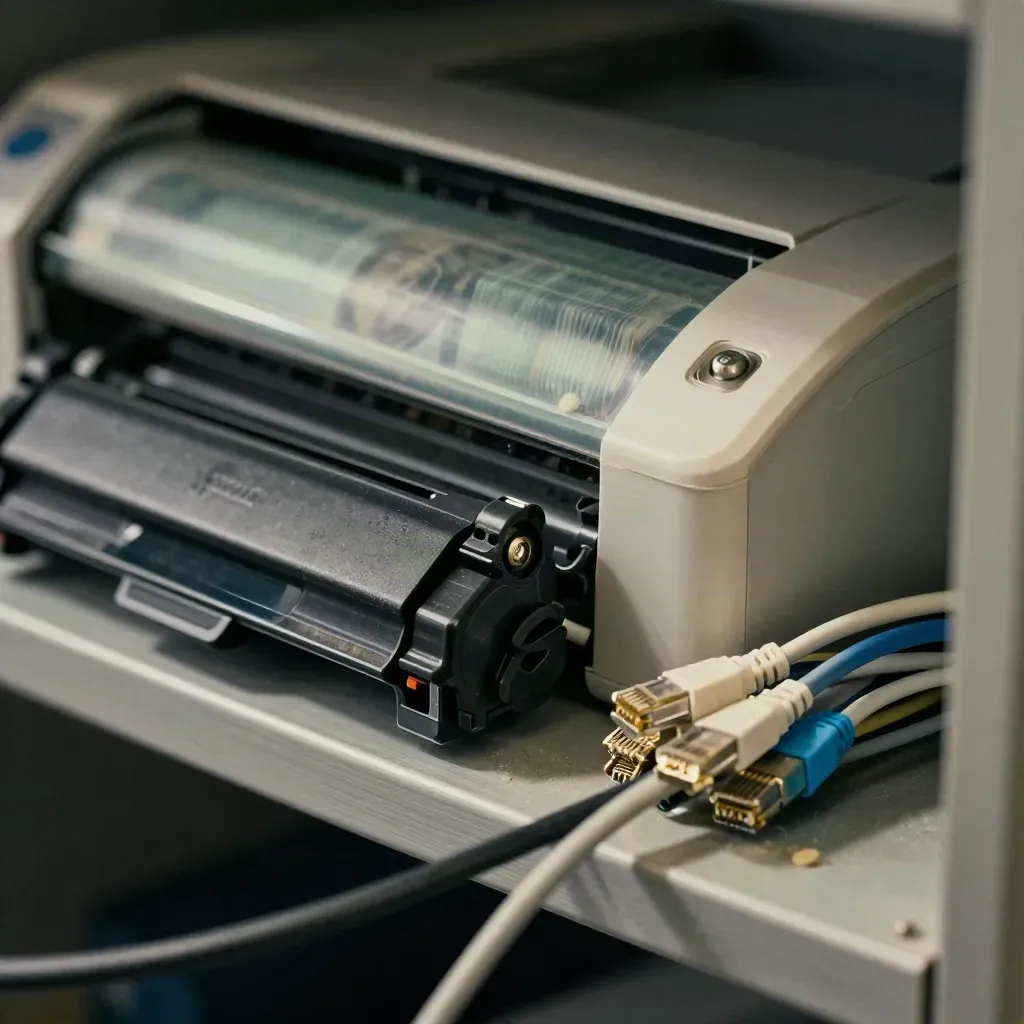 Kit di assistenza IT con tamburo stampante, toner e cavi Ethernet in un angolo ufficio.