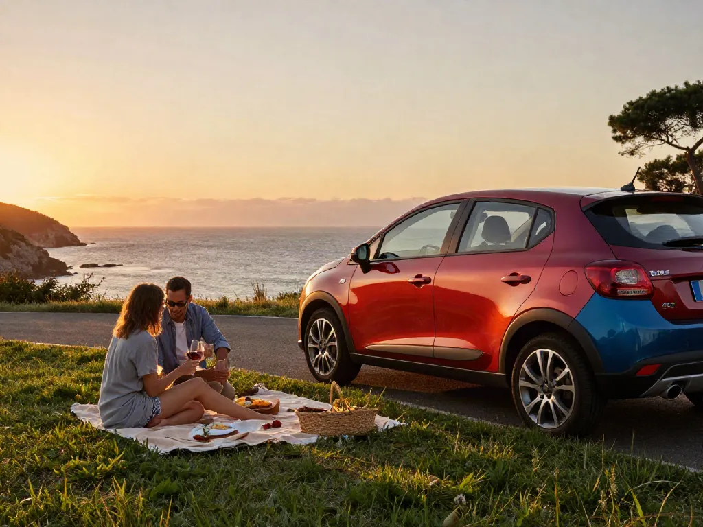 Noleggio lungo termine Lancia Ypsilon con coppia che celebra un picnic al tramonto.
