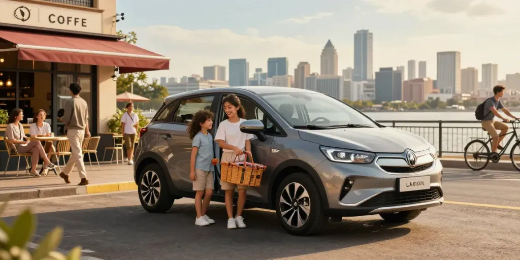 Noleggio lungo termine Lancia Ypsilon in una vibrante scena urbana con una famiglia felice